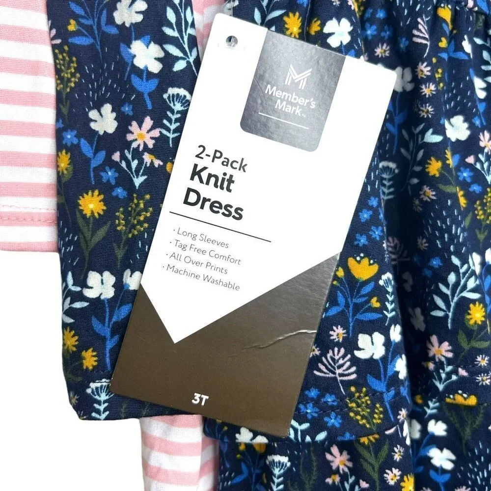 NEW Member’s Mark Toddler Girls 2-Pack Knit Dresses Size 3T Floral & Stripe Long